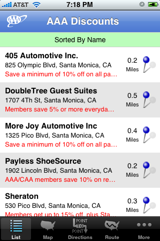 iPhone app AAA discounts sorted by name