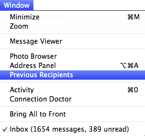 Previous Recipients in Mail's Window menu