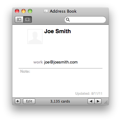 Joe Smith's contact card, with joe@joesmith.com email address