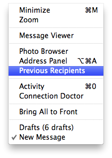 Previous Recipients in Mail's Window menu