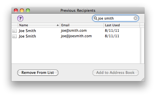 Previous Recipients window in Mail
